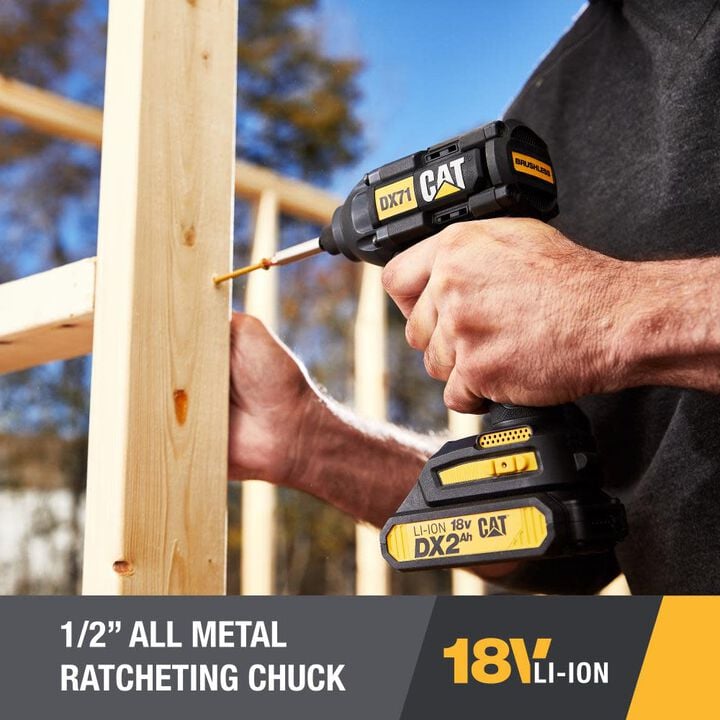 CAT 18V 1/2 in. Cordless Drill/Driver with Brushless Motor and Two Batteries