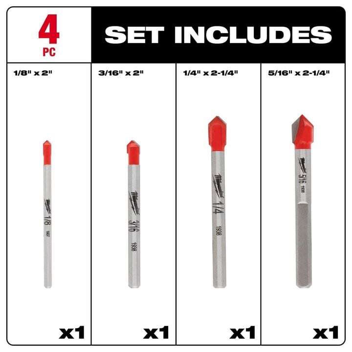 Milwaukee Carbide Glass and Tile Drill Bit Set (4-Pack)