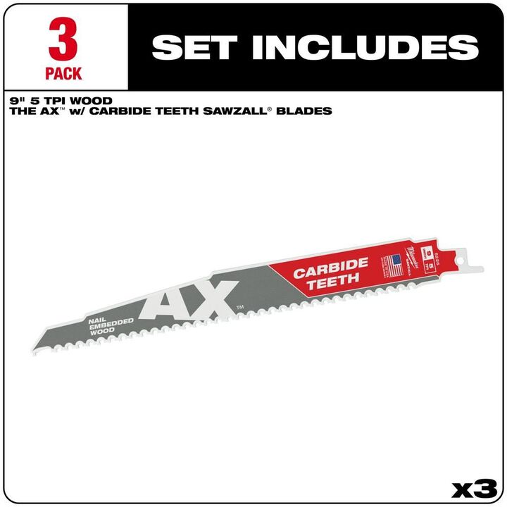 Milwaukee 9" AX Carbide Sawzall Blades (3-Pack)