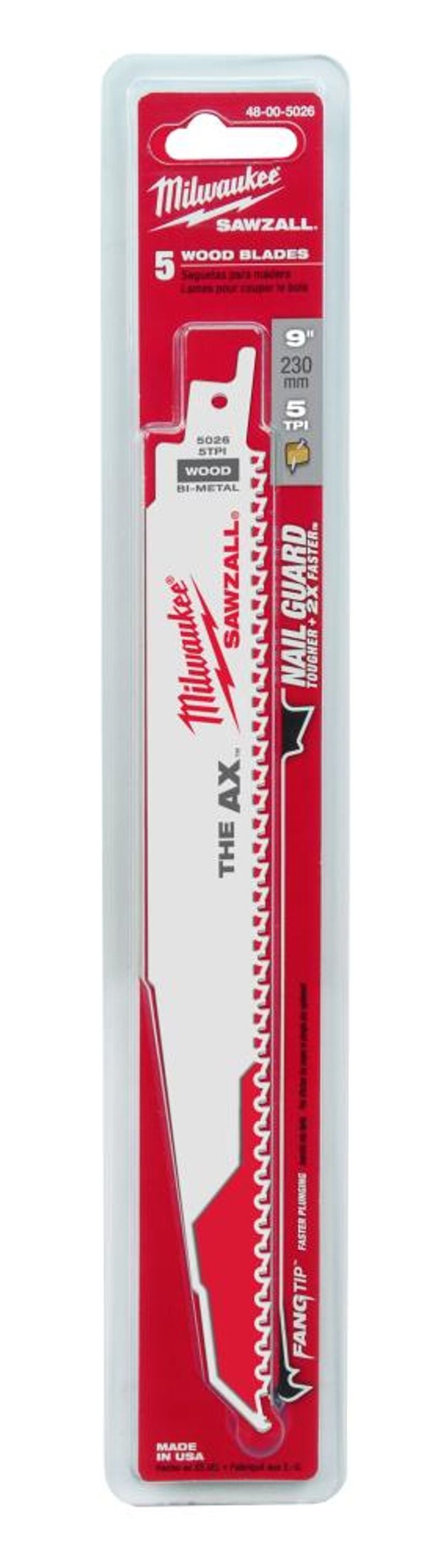Milwaukee 9 in. 5 TPI AX Nail-Embedded Wood Cutting SAWZALL Reciprocating Saw Blades (5-Pack)