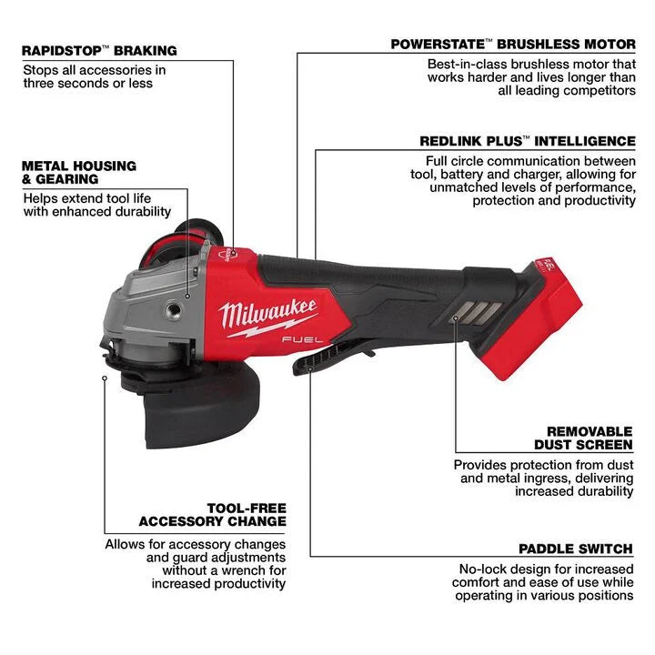 Milwaukee M18 18V Lithium-Ion Brushless Cordless 4-1/2 in./5 in. Grinder w/Paddle Switch (Tool-Only)