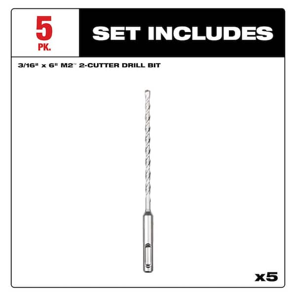 Milwaukee SDS-PLUS 3/16" x 6" 2-Cutter Carbide Drill Bit (5-Pack)
