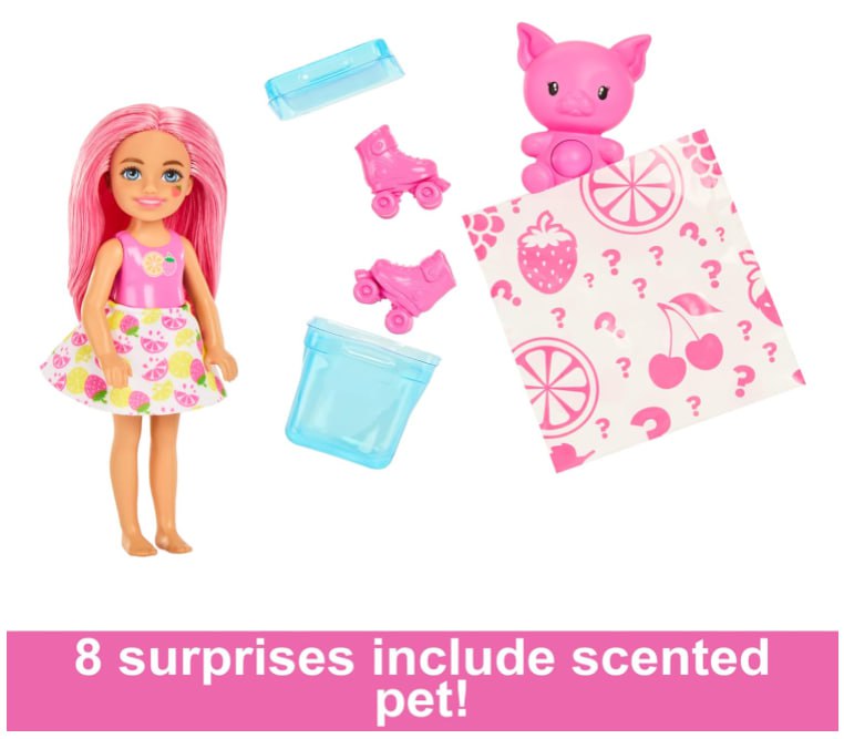 Barbie Pop Reveal Chelsea Small Doll, Fruit Series with 5 Surprises Including Pop-It Pet & Accessories, Features Scent & Color Change (Styles May Vary)